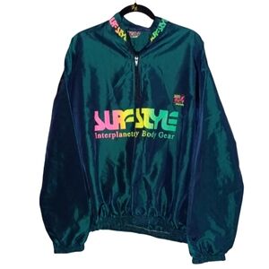 Vintage 90’s Surf Style Iridescent Quarter Zip Windbreaker Green Light Jacket OS